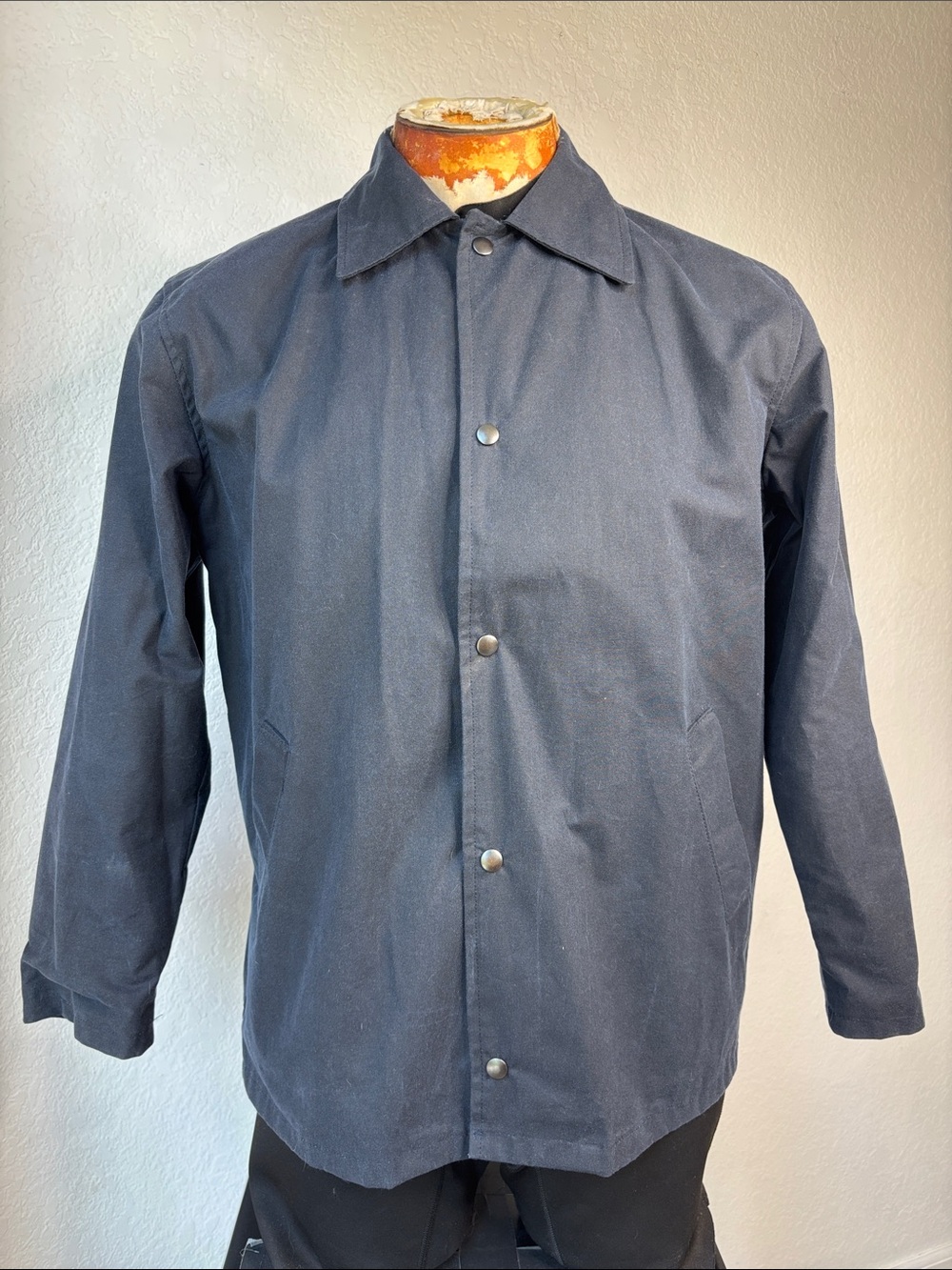 Men's Navy Waxed Cotton Utility Jacket - Snap-Front